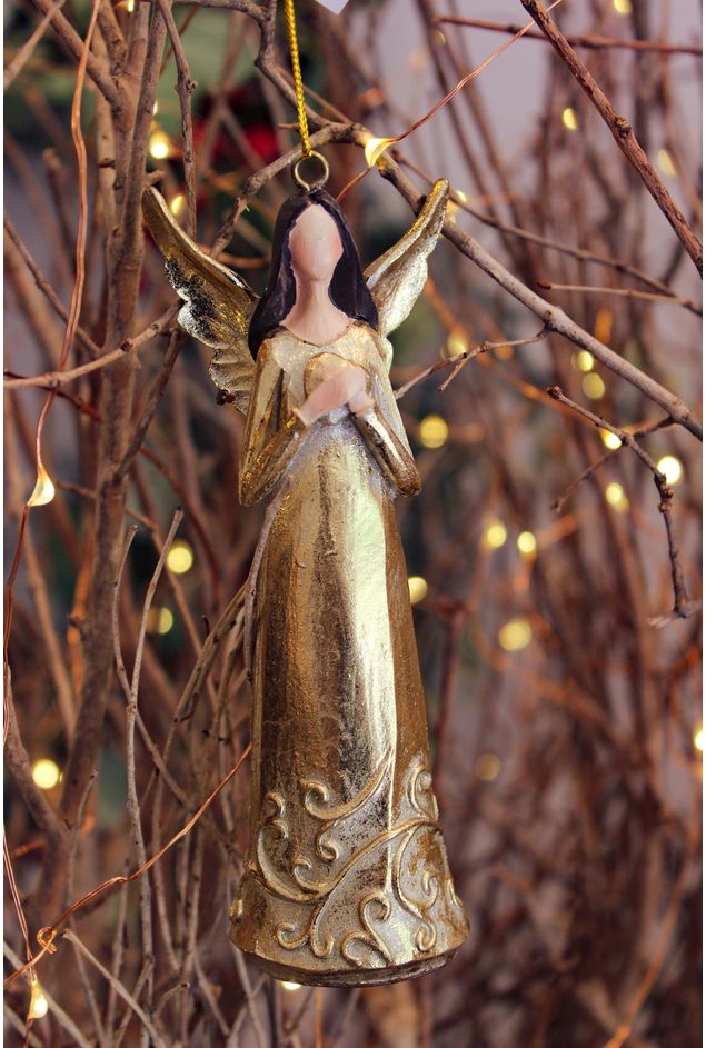 Anjo Decorativo Coração Dourado Pingente