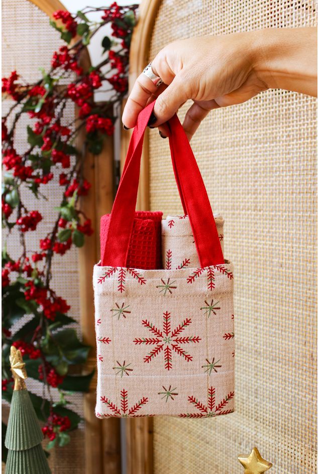 Cj. Panos de Copa com Bolsinha Flocos de Neve Cj. Panos de Copa com Bolsinha Flocos de Neve