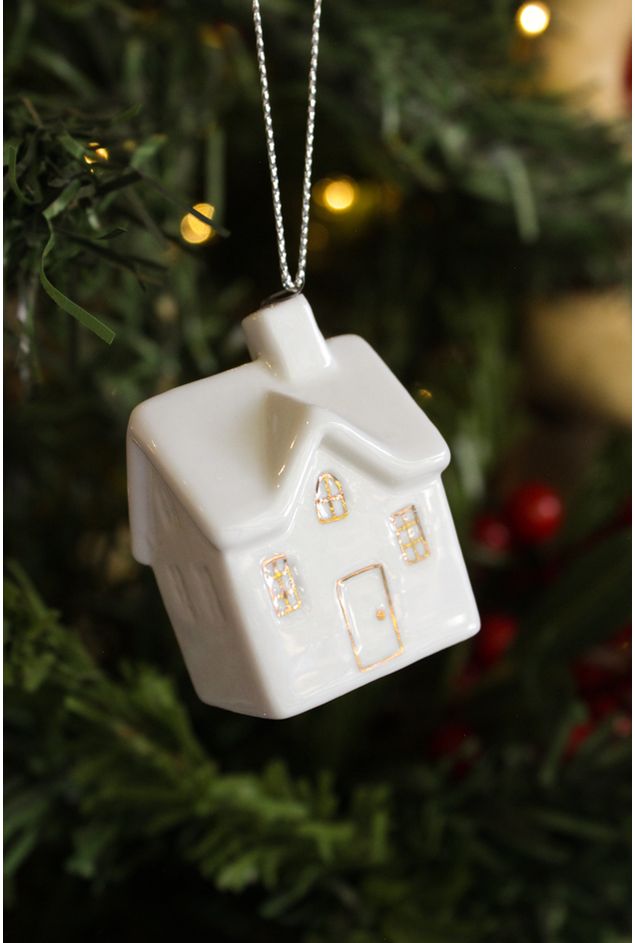 Pingente Casinha De Porcelana com Filete Natal Pingente Casinha De Porcelana com Filete Natal