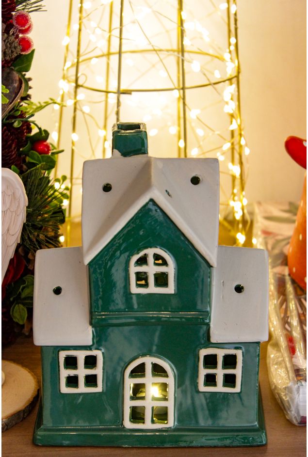 Casa Decorativa em Porcelana Verde com Led Natal